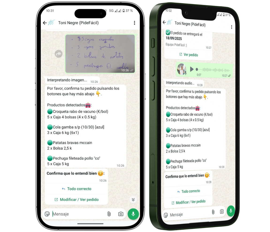Mockup de Pidefacil interpretando pedidos de WhatsApp con IA